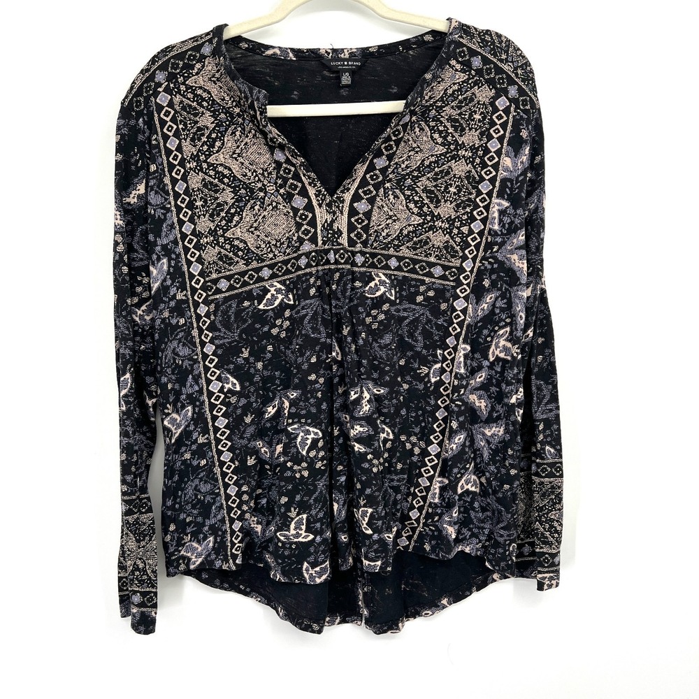 Lucky Brand long sleeve tapestry print blouse tunic top black blue boho hippy L